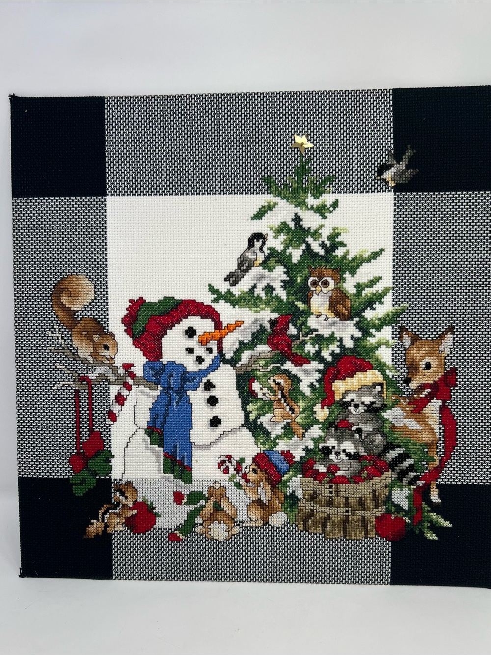 Hand Stitched Needlepoint Christmas  Snowman Woodland Animals 14” Ready To Frame